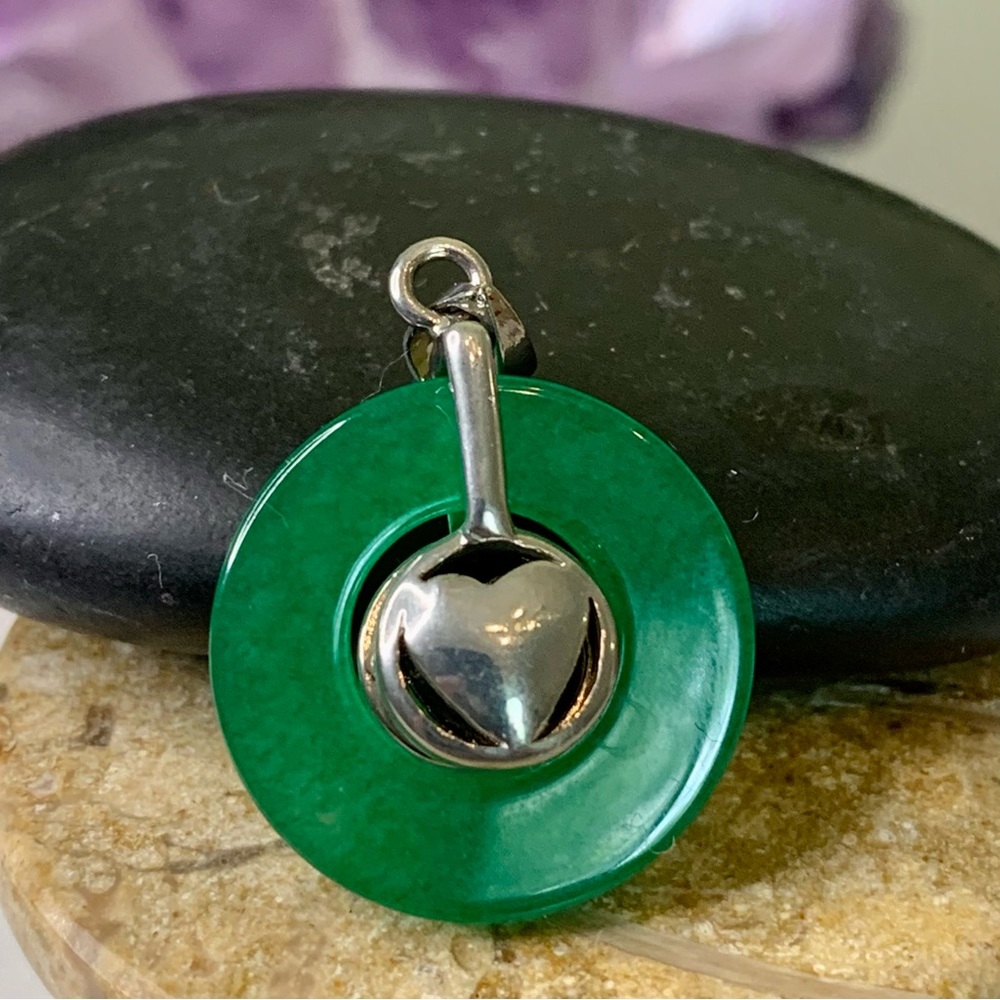 Green Jade Donut Pendant Chinese Longevity Symbol Silver Tone Heart Love Charm